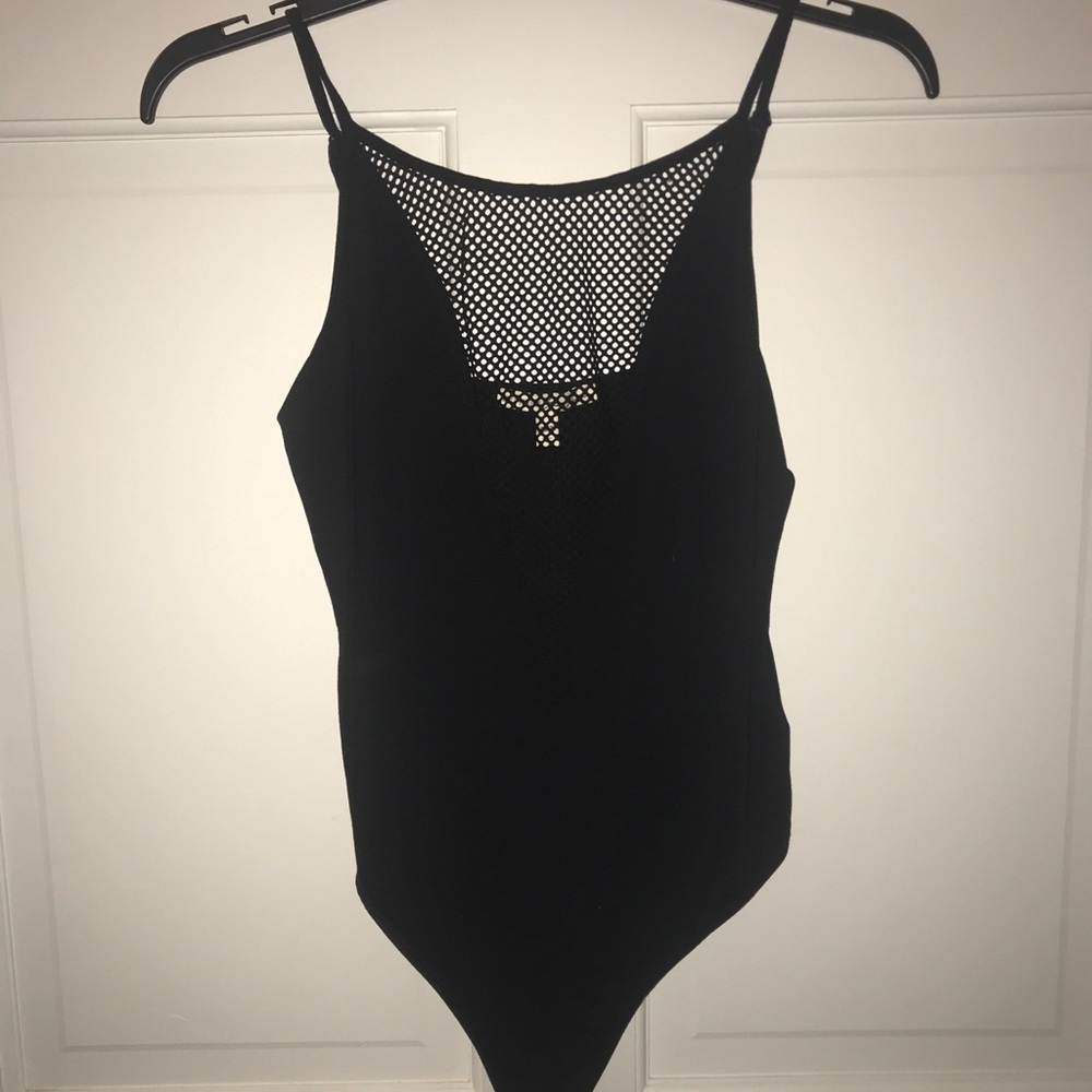 Express black deep v-mesh thong bodysuit